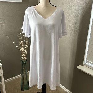 QIXING Womens Summer Loose Mini Dress V-Neck Bell Short Sleeve Double Layer